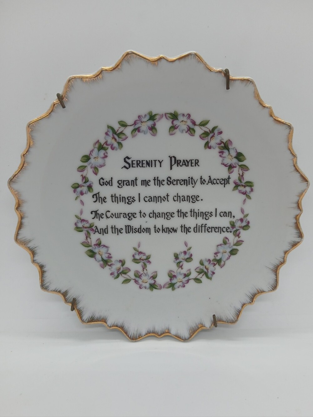 ​Vintage Serenity Prayer Ceramic Wall Hanging Plate Scalloped Gold Trim Floral